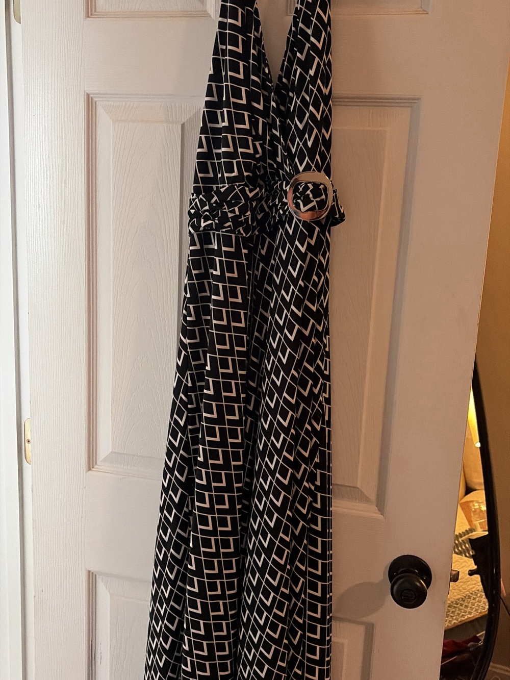 White House Black Market Black & White Geometric Maxi Dress with Belt